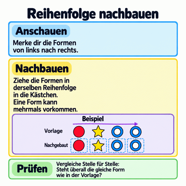 Anleitung zum Nachbauen einer Formenreihe: von links nach rechts merken, in derselben Reihenfolge einsetzen und Stelle für Stelle prüfen. Das gekennzeichnete Beispiel zeigt Kreis, Stern, Ring, Ring. Darunter stehen dieselben vier Formen in derselben Reihenfolge, jede in einem eigenen Kästchen. Die beiden benachbarten Ringe behalten jeweils ihren eigenen Platz. Reihenfolge nachbauen Anschauen: Merke dir die Formen von links nach rechts. Nachbauen: Ziehe die Formen in derselben Reihenfolge in die Kästchen. Eine Form kann mehrmals vorkommen. Prüfen: Vergleiche Stelle für Stelle: Steht überall die gleiche Form wie in der Vorlage? Beispiel Vorlage Nachgebaut