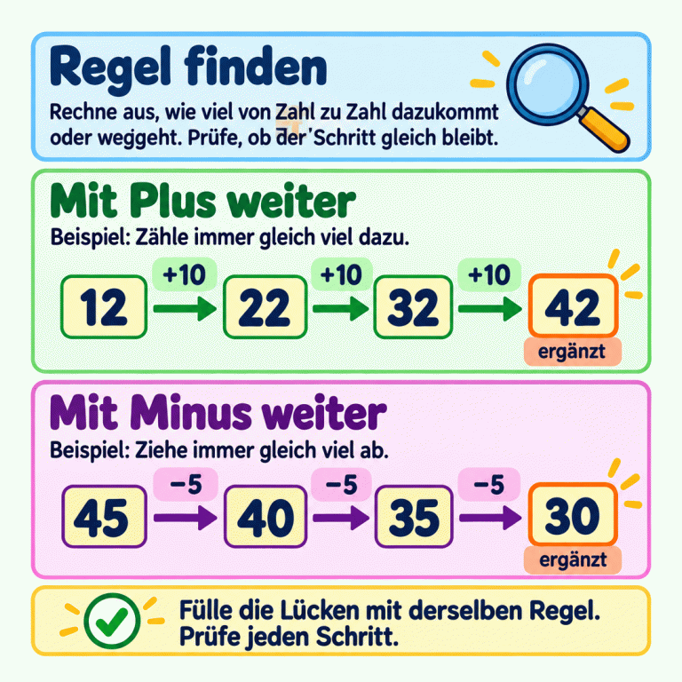 Die Lernkarte erklärt, wie man den gleichbleibenden Schritt zwischen Nachbarzahlen findet und damit Lücken füllt. Das Plusbeispiel lautet 12, 22, 32, 42: Bei jedem Schritt kommen 10 dazu. Das Minusbeispiel lautet 45, 40, 35, 30: Bei jedem Schritt werden 5 abgezogen. Die letzte Zahl ist jeweils als ergänzt gekennzeichnet. Zum Schluss wird jeder Schritt überprüft. Regel finden: Rechne aus, wie viel von Zahl zu Zahl dazukommt oder weggeht. Prüfe, ob der Schritt gleich bleibt. Mit Plus weiter: Beispiel: Zähle immer gleich viel dazu. Mit Minus weiter: Beispiel: Ziehe immer gleich viel ab. Fülle die Lücken mit derselben Regel. Prüfe jeden Schritt. 12 22 32 42 +10 45 40 35 30 −5 ergänzt ✓