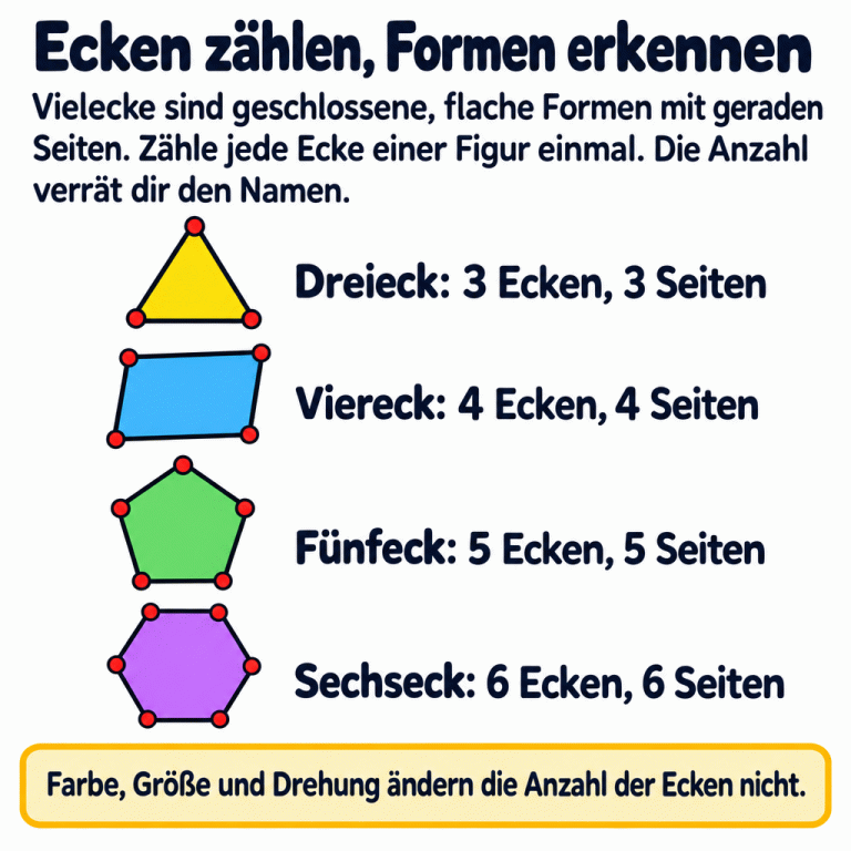 Vier Beispiele zeigen ein Dreieck mit drei Ecken und drei Seiten, ein Viereck mit vier Ecken und vier Seiten, ein Fünfeck mit fünf Ecken und fünf Seiten sowie ein Sechseck mit sechs Ecken und sechs Seiten. Kleine Punkte markieren die Ecken. Vielecke sind geschlossene, flache Formen mit geraden Seiten. Zähle jede Ecke einer Figur einmal und finde den passenden Namen. Farbe, Größe und Drehung ändern die Anzahl der Ecken nicht. Ecken zählen, Formen erkennen: Vielecke sind geschlossene, flache Formen mit geraden Seiten. Zähle jede Ecke einer Figur einmal. Die Anzahl verrät dir den Namen. Farbe, Größe und Drehung ändern die Anzahl der Ecken nicht. Dreieck: 3 Ecken, 3 Seiten Viereck: 4 Ecken, 4 Seiten Fünfeck: 5 Ecken, 5 Seiten Sechseck: 6 Ecken, 6 Seiten
