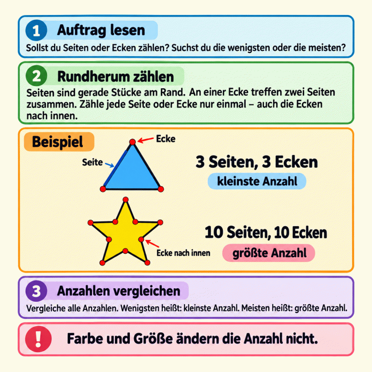 Lernkarte zum Zählen und Vergleichen von Seiten und Ecken. Zuerst prüfst du, ob die Aufgabe nach Seiten oder Ecken und nach den wenigsten oder meisten fragt. Dann zählst du einmal rundherum, auch die Ecken nach innen. Im gekennzeichneten Beispiel hat ein Dreieck drei Seiten und drei Ecken, ein fünfzackiger Stern zehn Seiten und zehn Ecken. Das Dreieck hat in diesem Beispiel die kleinste, der Stern die größte Anzahl. Wenigsten bedeutet kleinste Anzahl, meisten bedeutet größte Anzahl. Farbe und Größe ändern die Anzahl nicht. Auftrag lesen: Sollst du Seiten oder Ecken zählen? Suchst du die wenigsten oder die meisten? Rundherum zählen: Seiten sind gerade Stücke am Rand. An einer Ecke treffen zwei Seiten zusammen. Zähle jede Seite oder Ecke nur einmal – auch die Ecken nach innen. Anzahlen vergleichen: Vergleiche alle Anzahlen. Wenigsten heißt: kleinste Anzahl. Meisten heißt: größte Anzahl. Farbe und Größe ändern die Anzahl nicht. Beispiel Seite Ecke Ecke nach innen 3 Seiten, 3 Ecken 10 Seiten, 10 Ecken kleinste Anzahl größte Anzahl 1 2 3 !