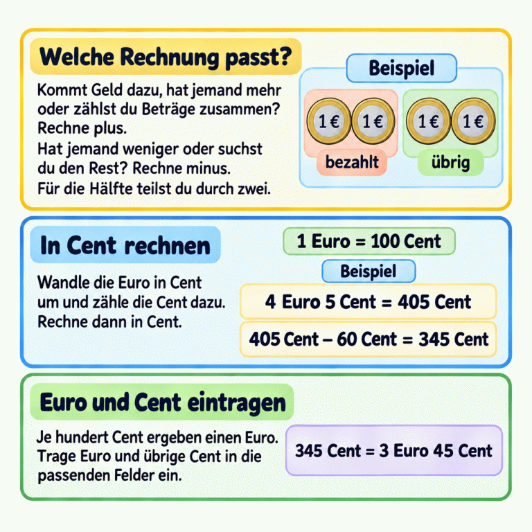 Eine Lernkarte erklärt Geldaufgaben: Bei Geld dazu, einem Mehrbetrag oder zusammengezählten Beträgen wird plus gerechnet; bei weniger Geld oder einem Rest minus. Für die Hälfte wird durch zwei geteilt. Im Halbierungsbeispiel bilden vier 1-Euro-Münzen zwei Gruppen: Zwei Münzen sind bezahlt, zwei bleiben übrig. Ein Euro sind hundert Cent. Im Rechenbeispiel werden 4 Euro 5 Cent zu 405 Cent. 405 Cent minus 60 Cent ergeben 345 Cent. Das sind 3 Euro 45 Cent. Euro und übrige Cent werden in die passenden Felder eingetragen. Welche Rechnung passt?: Kommt Geld dazu, hat jemand mehr oder zählst du Beträge zusammen? Rechne plus. Hat jemand weniger oder suchst du den Rest? Rechne minus. Für die Hälfte teilst du durch zwei. In Cent rechnen: Wandle die Euro in Cent um und zähle die Cent dazu. Rechne dann in Cent. Euro und Cent eintragen: Je hundert Cent ergeben einen Euro. Trage Euro und übrige Cent in die passenden Felder ein. Beispiel 1 € bezahlt übrig 1 Euro = 100 Cent 4 Euro 5 Cent = 405 Cent 405 Cent − 60 Cent = 345 Cent 345 Cent = 3 Euro 45 Cent