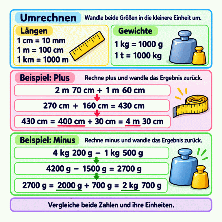 Lernkarte zum Rechnen mit Längen und Gewichten. Zuerst beide Größen in die kleinere Einheit umrechnen. Die Übersicht zeigt: 1 cm sind 10 mm, 1 m sind 100 cm, 1 km sind 1000 m, 1 kg sind 1000 g und 1 t sind 1000 kg. Im Plusbeispiel werden 2 m 70 cm und 1 m 60 cm zu 270 cm und 160 cm. Zusammen sind das 430 cm, also 400 cm plus 30 cm oder 4 m 30 cm. Im Minusbeispiel wird 4 kg 200 g minus 1 kg 500 g als 4200 g minus 1500 g gerechnet. Das ergibt 2700 g, also 2000 g plus 700 g oder 2 kg 700 g. Zum Schluss beide Zahlen und ihre Einheiten mit den Antworten vergleichen. Umrechnen: Wandle beide Größen in die kleinere Einheit um. Beispiel: Plus: Rechne plus und wandle das Ergebnis zurück. Beispiel: Minus: Rechne minus und wandle das Ergebnis zurück. Vergleiche beide Zahlen und ihre Einheiten. 1 cm = 10 mm 1 m = 100 cm 1 km = 1000 m 1 kg = 1000 g 1 t = 1000 kg 2 m 70 cm + 1 m 60 cm 270 cm + 160 cm = 430 cm 430 cm = 400 cm + 30 cm = 4 m 30 cm 4 kg 200 g − 1 kg 500 g 4200 g − 1500 g = 2700 g 2700 g = 2000 g + 700 g = 2 kg 700 g Längen Gewichte