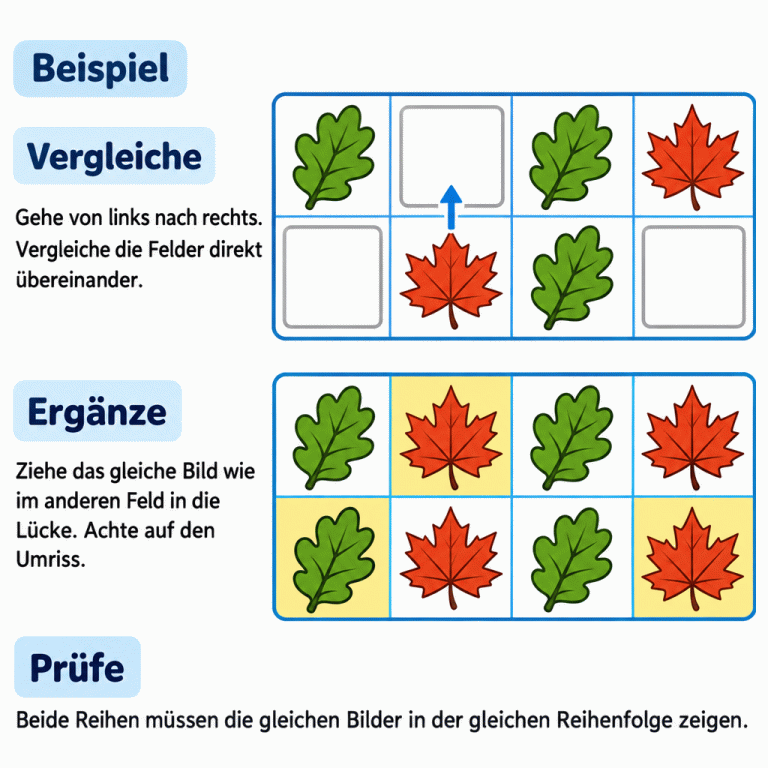 Beispiel mit zwei Reihen zu je vier Feldern und zwei Blattformen. Oben fehlt das zweite Blatt, unten fehlen das erste und das letzte. Das Feld direkt darüber oder darunter zeigt jeweils die passende Form. Nach dem Ergänzen wechseln sich in beiden Reihen Blätter mit runden Lappen und Blätter mit spitzen Zacken in derselben Reihenfolge ab. Vergleiche: Gehe von links nach rechts. Vergleiche die Felder direkt übereinander. Ergänze: Ziehe das gleiche Bild wie im anderen Feld in die Lücke. Achte auf den Umriss. Prüfe: Beide Reihen müssen die gleichen Bilder in der gleichen Reihenfolge zeigen. Beispiel