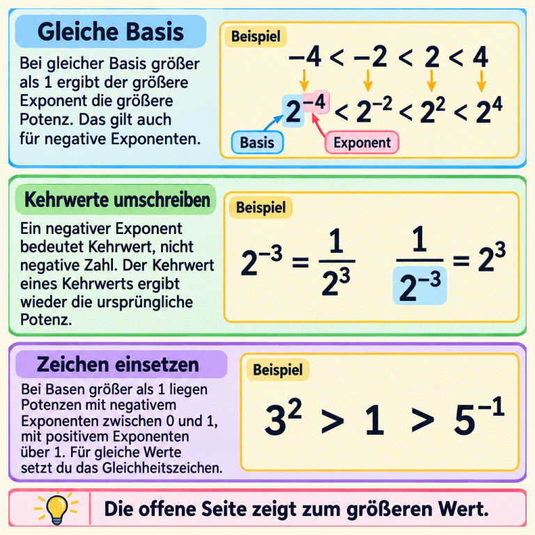 Drei Abschnitte erklären das Vergleichen von Potenzen. Bei gleicher Basis größer als eins ergibt der größere Exponent die größere Potenz. Das Beispiel ordnet minus vier, minus zwei, zwei und vier sowie die passenden Zweierpotenzen aufsteigend. Basis und Exponent sind an der ersten Potenz bezeichnet. Zwei hoch minus drei ist gleich eins geteilt durch zwei hoch drei. Eins geteilt durch zwei hoch minus drei ist gleich zwei hoch drei. Drei hoch zwei liegt über eins, fünf hoch minus eins zwischen null und eins. Die offene Seite des Vergleichszeichens zeigt zum größeren Wert; gleiche Werte erhalten ein Gleichheitszeichen. Gleiche Basis: Bei gleicher Basis größer als 1 ergibt der größere Exponent die größere Potenz. Das gilt auch für negative Exponenten. Kehrwerte umschreiben: Ein negativer Exponent bedeutet Kehrwert, nicht negative Zahl. Der Kehrwert eines Kehrwerts ergibt wieder die ursprüngliche Potenz. Zeichen einsetzen: Bei Basen größer als 1 liegen Potenzen mit negativem Exponenten zwischen 0 und 1, mit positivem Exponenten über 1. Für gleiche Werte setzt du das Gleichheitszeichen. Die offene Seite zeigt zum größeren Wert. Beispiel −4 < −2 < 2 < 4 2⁻⁴ < 2⁻² < 2² < 2⁴ Basis Exponent 2⁻³ = 1 2³ 3² > 1 > 5⁻¹