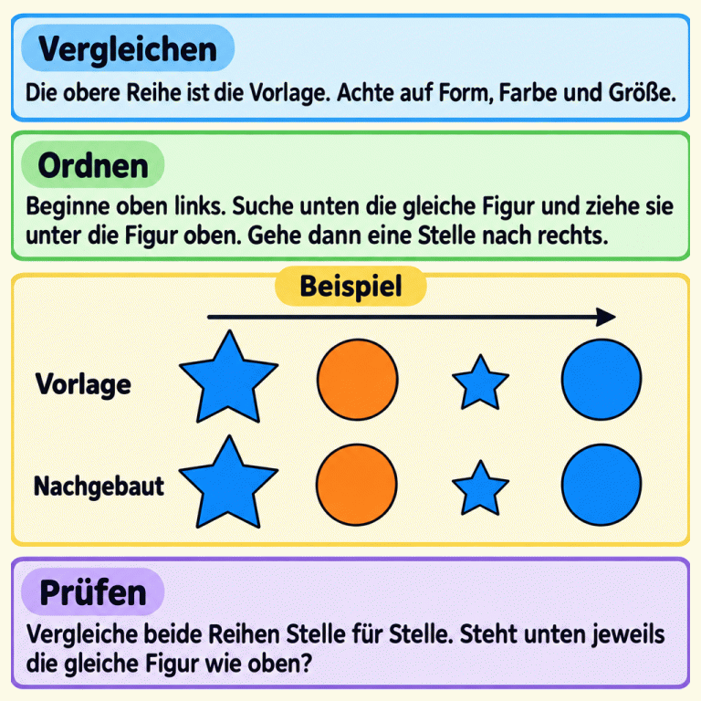 Ein Lehrbeispiel zeigt oben eine Vorlage und darunter die gleich angeordnete Reihe: einen großen blauen Stern, einen großen orangefarbenen Kreis, einen kleinen blauen Stern und einen großen blauen Kreis. Gleiche Figuren stehen jeweils untereinander. Die Anleitung erklärt, wie du Form, Farbe und Größe vergleichst, die untere Reihe von links nach rechts ordnest und anschließend beide Reihen Stelle für Stelle prüfst. Vergleichen: Die obere Reihe ist die Vorlage. Achte auf Form, Farbe und Größe. Ordnen: Beginne oben links. Suche unten die gleiche Figur und ziehe sie unter die Figur oben. Gehe dann eine Stelle nach rechts. Prüfen: Vergleiche beide Reihen Stelle für Stelle. Steht unten jeweils die gleiche Figur wie oben? Beispiel Vorlage Nachgebaut