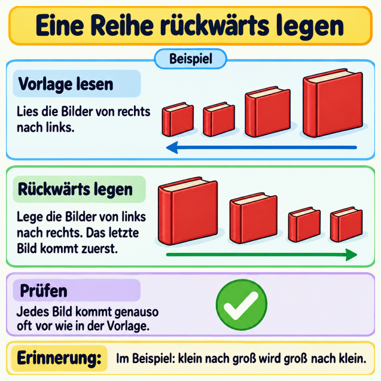 Beispiel zum Rückwärtslegen: Die Vorlage zeigt von links nach rechts zwei gleiche kleine Bücher, ein mittelgroßes und ein großes Buch. Sie wird von rechts nach links gelesen. Darunter liegen dieselben Bücher in umgekehrter Reihenfolge: groß, mittelgroß, klein, klein. Die neue Reihe wird von links nach rechts aufgebaut. Jedes Bild kommt genauso oft vor wie in der Vorlage. Eine Reihe rückwärts legen Vorlage lesen: Lies die Bilder von rechts nach links. Rückwärts legen: Lege die Bilder von links nach rechts. Das letzte Bild kommt zuerst. Prüfen: Jedes Bild kommt genauso oft vor wie in der Vorlage. Im Beispiel: klein nach groß wird groß nach klein. Beispiel ✓ Erinnerung:
