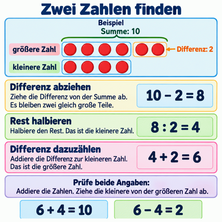 Ein Rechenbeispiel mit Summe zehn und Differenz zwei. Die größere Menge enthält vier Plättchen und zwei zusätzliche, die kleinere vier. Nach dem Abziehen der zwei zusätzlichen Plättchen bleiben zwei Vierergruppen, also acht. Acht halbiert ergibt vier, die kleinere Zahl. Vier plus zwei ergibt sechs, die größere Zahl. Die Probe: Sechs plus vier ergibt zehn, sechs minus vier ergibt zwei. Zwei Zahlen finden Differenz abziehen: Ziehe die Differenz von der Summe ab. Es bleiben zwei gleich große Teile. Rest halbieren: Halbiere den Rest. Das ist die kleinere Zahl. Differenz dazuzählen: Addiere die Differenz zur kleineren Zahl. Das ist die größere Zahl. Prüfe beide Angaben: Addiere die Zahlen. Ziehe die kleinere von der größeren Zahl ab. Beispiel Summe: 10 Differenz: 2 größere Zahl kleinere Zahl 10 − 2 = 8 8 : 2 = 4 4 + 2 = 6 6 + 4 = 10 6 − 4 = 2
