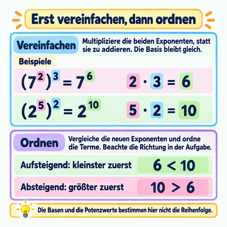 Zwei Lehrbeispiele zeigen: Beim Potenzieren einer Potenz werden die beiden Exponenten multipliziert, während die Basis gleich bleibt. Sieben hoch zwei, nochmals hoch drei, ergibt sieben hoch sechs, denn zwei mal drei ist sechs. Zwei hoch fünf, nochmals hoch zwei, ergibt zwei hoch zehn, denn fünf mal zwei ist zehn. Verglichen werden nur die neuen Exponenten: aufsteigend sechs vor zehn, absteigend zehn vor sechs. Die Aufgabe gibt die Richtung vor. Basen und Potenzwerte bestimmen nicht die Reihenfolge. Erst vereinfachen, dann ordnen Vereinfachen: Multipliziere die beiden Exponenten, statt sie zu addieren. Die Basis bleibt gleich. Ordnen: Vergleiche die neuen Exponenten und ordne die Terme. Beachte die Richtung in der Aufgabe. Die Basen und die Potenzwerte bestimmen hier nicht die Reihenfolge. Beispiele (7²)³ = 7⁶ 2 · 3 = 6 (2⁵)² = 2¹⁰ 5 · 2 = 10 Aufsteigend: kleinster zuerst 6 < 10 Absteigend: größter zuerst 10 > 6