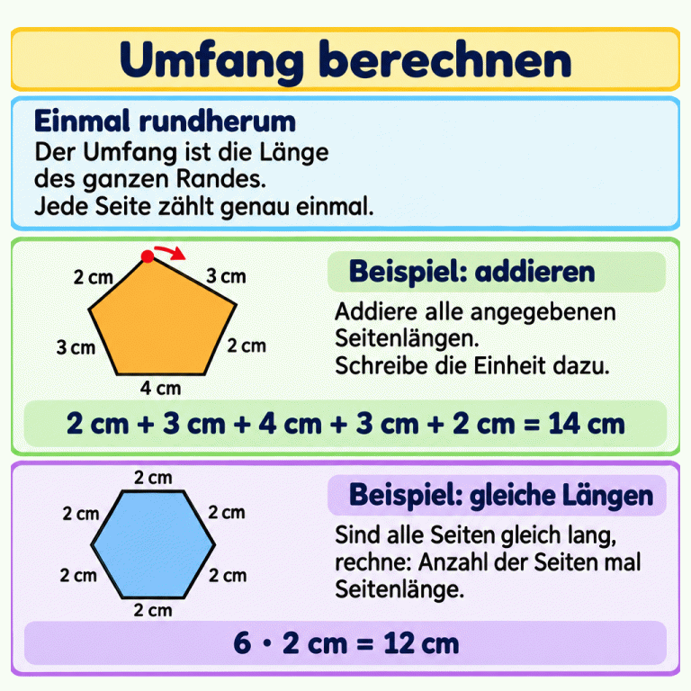 Der Umfang ist die Länge des ganzen Randes; jede Seite zählt genau einmal. Zwei Lehrbeispiele zeigen die Rechnung: Ein Fünfeck hat zwei Seiten mit je 2 cm, zwei mit je 3 cm und eine mit 4 cm. Zusammen ergeben sie 14 cm. Ein Sechseck hat sechs Seiten mit je 2 cm. Dafür kann man 6 mal 2 cm rechnen; der Umfang beträgt 12 cm. Die Einheit gehört zum Ergebnis. Umfang berechnen Einmal rundherum: Der Umfang ist die Länge des ganzen Randes. Jede Seite zählt genau einmal. Beispiel: addieren: Addiere alle angegebenen Seitenlängen. Schreibe die Einheit dazu. Beispiel: gleiche Längen: Sind alle Seiten gleich lang, rechne: Anzahl der Seiten mal Seitenlänge. 2 cm 3 cm 4 cm 2 cm + 3 cm + 4 cm + 3 cm + 2 cm = 14 cm 6 · 2 cm = 12 cm
