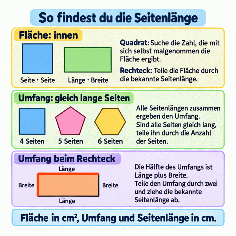 Drei Abschnitte erklären die Seitenberechnung. Oben zeigen Quadrat und Rechteck ihre Innenflächen: Beim Quadrat suchst du die Zahl, die mit sich selbst malgenommen die Fläche ergibt. Beim Rechteck teilst du die Fläche durch die bekannte Seitenlänge. In der Mitte stehen ein Quadrat mit vier, ein Fünfeck mit fünf und ein Sechseck mit sechs gleich langen Seiten. Teile ihren Umfang durch die Seitenanzahl. Unten zeigt ein Rechteck je zweimal Länge und Breite. Halbiere den Umfang und ziehe die bekannte Seitenlänge ab. Fläche in cm², Umfang und Seitenlänge in cm. So findest du die Seitenlänge Fläche: innen: Quadrat: Suche die Zahl, die mit sich selbst malgenommen die Fläche ergibt. Rechteck: Teile die Fläche durch die bekannte Seitenlänge. Umfang: gleich lange Seiten: Alle Seitenlängen zusammen ergeben den Umfang. Sind alle Seiten gleich lang, teile ihn durch die Anzahl der Seiten. Umfang beim Rechteck: Die Hälfte des Umfangs ist Länge plus Breite. Teile den Umfang durch zwei und ziehe die bekannte Seitenlänge ab. Fläche in cm², Umfang und Seitenlänge in cm. Seite · Seite Länge · Breite 4 Seiten 5 Seiten 6 Seiten Länge Breite