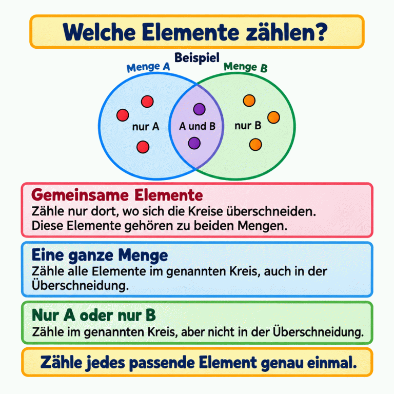 Ein als Beispiel gekennzeichnetes Venn-Diagramm zeigt zwei sich überschneidende Kreise für die Mengen A und B. Punkte liegen nur in A, in beiden Kreisen oder nur in B. Für gemeinsame Elemente zählt nur die Überschneidung. Für eine ganze Menge zählen alle Elemente in ihrem Kreis einschließlich der Überschneidung. Bei „nur A“ oder „nur B“ wird die Überschneidung nicht mitgezählt. Jedes passende Element zählt genau einmal. Welche Elemente zählen? Gemeinsame Elemente: Zähle nur dort, wo sich die Kreise überschneiden. Diese Elemente gehören zu beiden Mengen. Eine ganze Menge: Zähle alle Elemente im genannten Kreis, auch in der Überschneidung. Nur A oder nur B: Zähle im genannten Kreis, aber nicht in der Überschneidung. Zähle jedes passende Element genau einmal. Beispiel Menge A Menge B nur A A und B nur B