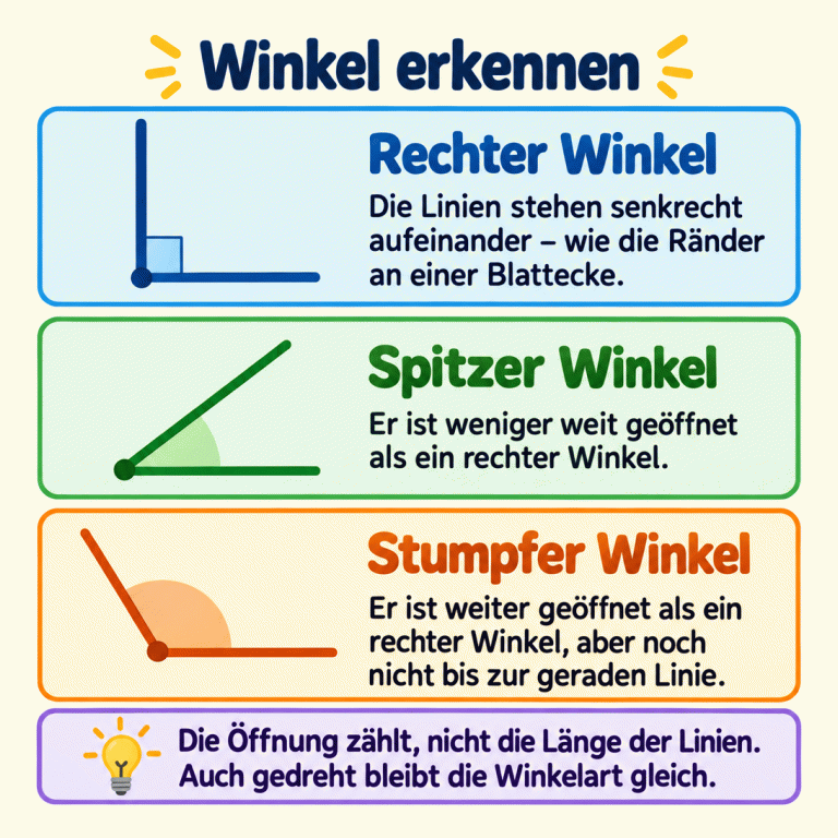 Drei Winkelbeispiele untereinander: Ein rechter Winkel hat senkrechte Linien wie eine Blattecke. Ein spitzer Winkel ist weniger weit geöffnet als ein rechter. Ein stumpfer Winkel ist weiter geöffnet als ein rechter, aber noch nicht bis zur geraden Linie. Die Öffnung bestimmt die Winkelart, nicht die Länge der Linien oder die Drehung des ganzen Winkels. Winkel erkennen Rechter Winkel: Die Linien stehen senkrecht aufeinander – wie die Ränder an einer Blattecke. Spitzer Winkel: Er ist weniger weit geöffnet als ein rechter Winkel. Stumpfer Winkel: Er ist weiter geöffnet als ein rechter Winkel, aber noch nicht bis zur geraden Linie. Die Öffnung zählt, nicht die Länge der Linien. Auch gedreht bleibt die Winkelart gleich.