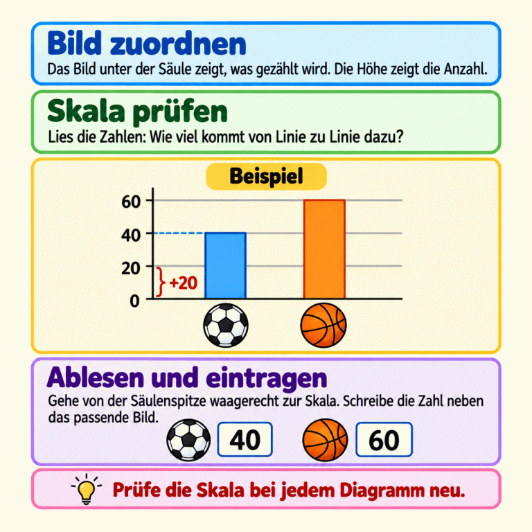 Eine Erklärung zeigt, wie man Säulendiagramme liest: Bild zuordnen, Skala prüfen und an der Säulenspitze waagerecht ablesen. Im gekennzeichneten Lehrbeispiel reicht die Skala von 0 bis 60 in Zwanzigerschritten. Die Fußball-Säule endet bei 40, die Basketball-Säule bei 60. Neben den passenden Ballbildern stehen diese Zahlen in Kästchen. Der Merksatz fordert dazu auf, die Skala bei jedem Diagramm neu zu prüfen. Bild zuordnen: Das Bild unter der Säule zeigt, was gezählt wird. Die Höhe zeigt die Anzahl. Skala prüfen: Lies die Zahlen: Wie viel kommt von Linie zu Linie dazu? Ablesen und eintragen: Gehe von der Säulenspitze waagerecht zur Skala. Schreibe die Zahl neben das passende Bild. Prüfe die Skala bei jedem Diagramm neu. Beispiel 20 40 60 +20