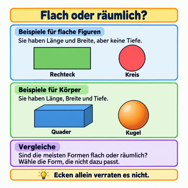 Eine Lernkarte vergleicht flache Figuren und Körper. Rechteck und Kreis haben Länge und Breite, aber keine Tiefe. Quader und Kugel haben zusätzlich Tiefe. Runde und eckige Formen kommen in beiden Gruppen vor. Um die Ausnahme zu finden, prüfst du, ob die meisten Formen flach oder räumlich sind, und wählst die Form aus der anderen Gruppe. Flach oder räumlich? Beispiele für flache Figuren: Sie haben Länge und Breite, aber keine Tiefe. Beispiele für Körper: Sie haben Länge, Breite und Tiefe. Vergleiche: Sind die meisten Formen flach oder räumlich? Wähle die Form, die nicht dazu passt. Ecken allein verraten es nicht. Rechteck Kreis Quader Kugel