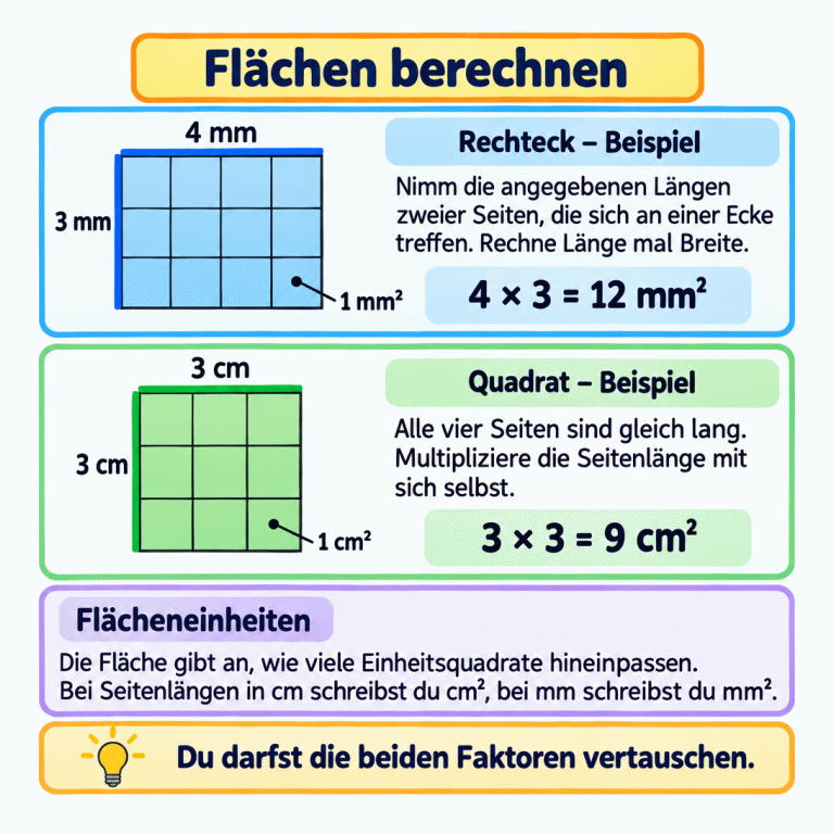 Zwei Rechenbeispiele untereinander: Ein Rechteck mit benachbarten Seiten von 4 mm und 3 mm enthält zwölf Einheitsquadrate. Die Rechnung lautet 4 × 3 = 12 mm². Darunter zeigt ein Quadrat mit Seitenlänge 3 cm neun Einheitsquadrate und die Rechnung 3 × 3 = 9 cm². Einzelne Zellen sind mit 1 mm² beziehungsweise 1 cm² beschriftet. Die Erklärung nennt Länge mal Breite, beim Quadrat Seitenlänge mal dieselbe Seitenlänge, und die passenden Flächeneinheiten. Die beiden Faktoren dürfen vertauscht werden. Flächen berechnen Rechteck – Beispiel: Nimm die angegebenen Längen zweier Seiten, die sich an einer Ecke treffen. Rechne Länge mal Breite. Quadrat – Beispiel: Alle vier Seiten sind gleich lang. Multipliziere die Seitenlänge mit sich selbst. Flächeneinheiten: Die Fläche gibt an, wie viele Einheitsquadrate hineinpassen. Bei Seitenlängen in cm schreibst du cm², bei mm schreibst du mm². Du darfst die beiden Faktoren vertauschen. 4 mm 3 mm 1 mm² 4 × 3 = 12 mm² 3 cm 1 cm² 3 × 3 = 9 cm²