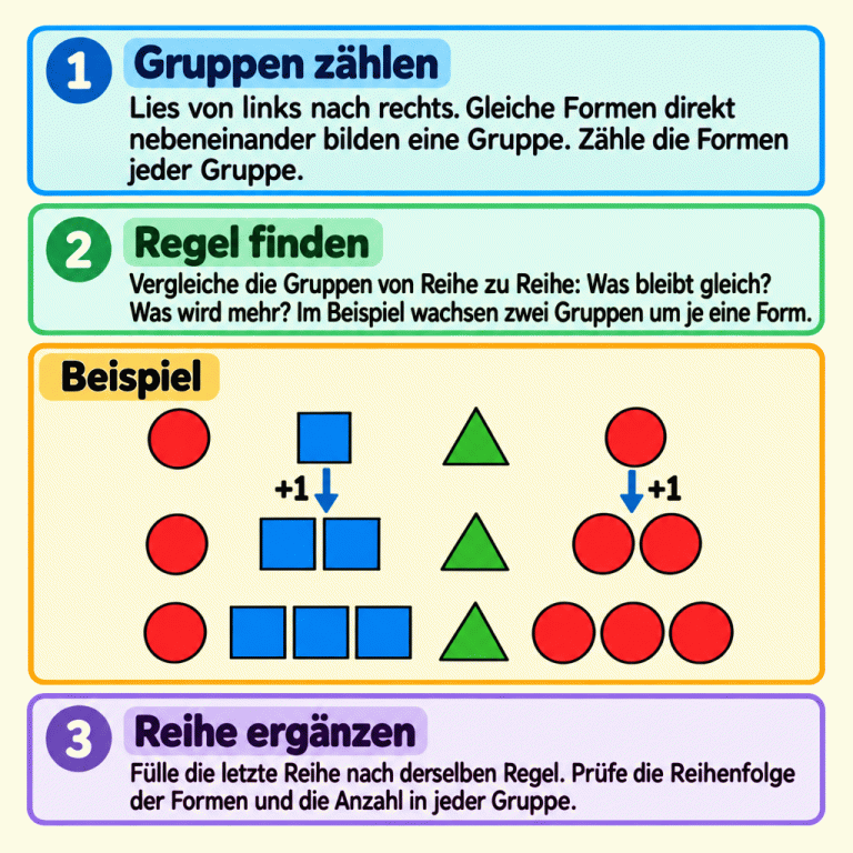 Eine Lernkarte erklärt das Zählen, Vergleichen und Ergänzen wachsender Figurenreihen. Das Beispiel zeigt in jeder Reihe einen Anfangskreis, eine Quadratgruppe, ein Dreieck und eine zweite Kreisgruppe. Die Quadratgruppe und die zweite Kreisgruppe enthalten von oben nach unten jeweils eine, zwei und drei Formen. Anfangskreis und Dreieck bleiben einzeln. Zwei Markierungen „+1“ zeigen den Zuwachs zwischen den ersten beiden Reihen. Die letzte Reihe führt dieselbe Regel vollständig fort. Gruppen zählen: Lies von links nach rechts. Gleiche Formen direkt nebeneinander bilden eine Gruppe. Zähle die Formen jeder Gruppe. Regel finden: Vergleiche die Gruppen von Reihe zu Reihe: Was bleibt gleich? Was wird mehr? Im Beispiel wachsen zwei Gruppen um je eine Form. Reihe ergänzen: Fülle die letzte Reihe nach derselben Regel. Prüfe die Reihenfolge der Formen und die Anzahl in jeder Gruppe. Beispiel +1 1 2 3