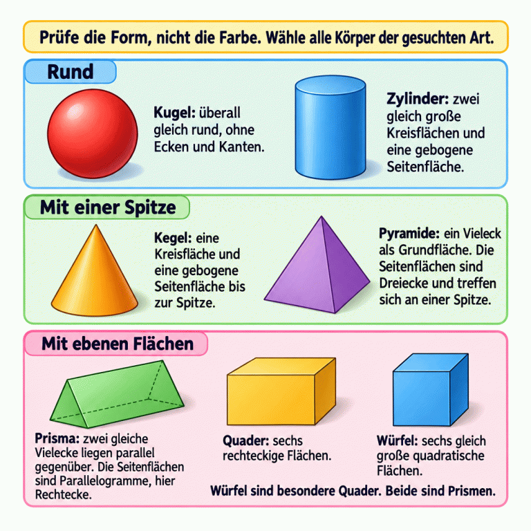 Eine Erklärkarte zeigt je ein Beispiel für sieben Körperarten. Die Kugel ist überall gleich rund und hat keine Ecken oder Kanten. Der Zylinder hat zwei gleich große Kreisflächen und eine gebogene Seitenfläche. Der Kegel hat eine Kreisfläche und einen gebogenen Mantel bis zur Spitze. Die Pyramide hat eine vieleckige Grundfläche und dreieckige Seitenflächen mit gemeinsamer Spitze. Das Prisma hat zwei gleiche, parallele Vielecksflächen; beim gezeigten Beispiel sind die Seitenflächen Rechtecke. Der Quader hat sechs rechteckige Flächen, der Würfel sechs gleich große quadratische Flächen. Würfel sind besondere Quader; beide sind Prismen. Die Form zählt, nicht die Farbe. Alle Körper der gesuchten Art sollen ausgewählt werden. Rund: Kugel: überall gleich rund, ohne Ecken und Kanten.
Zylinder: zwei gleich große Kreisflächen und eine gebogene Seitenfläche. Mit einer Spitze: Kegel: eine Kreisfläche und eine gebogene Seitenfläche bis zur Spitze.
Pyramide: ein Vieleck als Grundfläche. Die Seitenflächen sind Dreiecke und treffen sich an einer Spitze. Mit ebenen Flächen: Prisma: zwei gleiche Vielecke liegen parallel gegenüber. Die Seitenflächen sind Parallelogramme, hier Rechtecke.
Quader: sechs rechteckige Flächen.
Würfel: sechs gleich große quadratische Flächen.
Würfel sind besondere Quader. Beide sind Prismen. Prüfe die Form, nicht die Farbe. Wähle alle Körper der gesuchten Art.