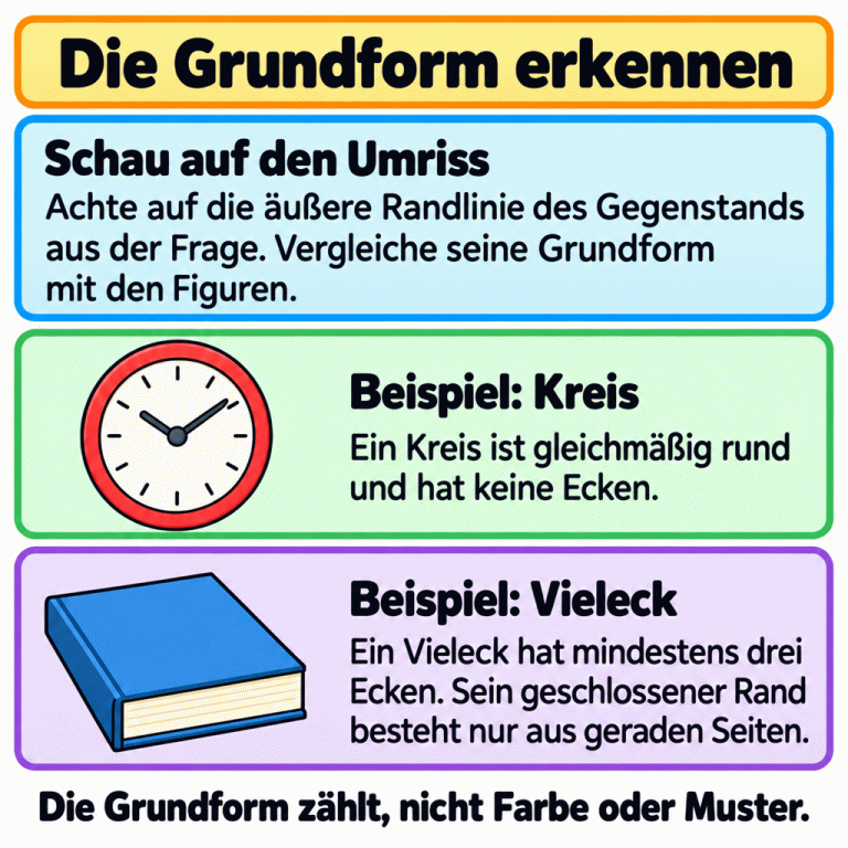 Die Karte erklärt den Vergleich der äußeren Grundform eines Gegenstands mit Kreis und Vieleck. Eine kreisrunde Uhr ohne Ecken und ein Buch mit geschlossenem Rand aus geraden Seiten dienen als Beispiele. Vielecke haben mindestens drei Ecken. Farbe und Muster bestimmen die Zuordnung nicht. Die Grundform erkennen Schau auf den Umriss: Achte auf die äußere Randlinie des Gegenstands aus der Frage. Vergleiche seine Grundform mit den Figuren. Beispiel: Kreis: Ein Kreis ist gleichmäßig rund und hat keine Ecken. Beispiel: Vieleck: Ein Vieleck hat mindestens drei Ecken. Sein geschlossener Rand besteht nur aus geraden Seiten. Die Grundform zählt, nicht Farbe oder Muster.