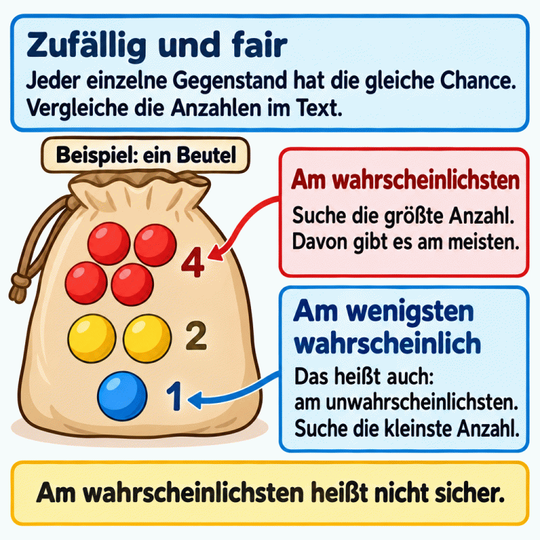 Im Lehrbeispiel enthält ein Beutel vier rote, zwei gelbe und eine blaue Kugel. Jede einzelne Kugel hat beim fairen Zufallsgriff die gleiche Chance. Eine rote Kugel ist in diesem Beispiel am wahrscheinlichsten, eine blaue am wenigsten wahrscheinlich. Die Anleitung erklärt: Vergleiche die Anzahlen im Aufgabentext und suche je nach Frage die größte oder die kleinste Anzahl. Am wahrscheinlichsten heißt nicht sicher. Zufällig und fair: Jeder einzelne Gegenstand hat die gleiche Chance. Vergleiche die Anzahlen im Text. Am wahrscheinlichsten: Suche die größte Anzahl. Davon gibt es am meisten. Am wenigsten wahrscheinlich: Das heißt auch: am unwahrscheinlichsten. Suche die kleinste Anzahl. Am wahrscheinlichsten heißt nicht sicher. Beispiel: ein Beutel 4 2 1