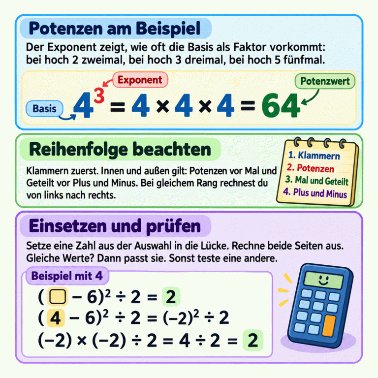 Die Lernkarte erklärt das Einsetzen und Prüfen. Das Potenzbeispiel 4³ = 4 × 4 × 4 = 64 ist mit Basis, Exponent und Potenzwert beschriftet. Die Exponenten 2, 3 und 5 stehen für zwei, drei beziehungsweise fünf gleiche Faktoren. Klammern werden zuerst berechnet. Innen und außen gelten Potenzen vor Mal und Geteilt vor Plus und Minus; bei gleichem Rang wird von links nach rechts gerechnet. Im Beispiel (□ − 6)² ÷ 2 = 2 wird 4 eingesetzt. Der Klammerwert ist −2. Zwei Faktoren −2 ergeben 4, und 4 geteilt durch 2 ergibt 2. Beide Seiten haben denselben Wert. Potenzen am Beispiel: Der Exponent zeigt, wie oft die Basis als Faktor vorkommt: bei hoch 2 zweimal, bei hoch 3 dreimal, bei hoch 5 fünfmal. Reihenfolge beachten: Klammern zuerst. Innen und außen gilt: Potenzen vor Mal und Geteilt vor Plus und Minus. Bei gleichem Rang rechnest du von links nach rechts. Einsetzen und prüfen: Setze eine Zahl aus der Auswahl in die Lücke. Rechne beide Seiten aus. Gleiche Werte? Dann passt sie. Sonst teste eine andere. 4³ = 4 × 4 × 4 = 64 Basis Exponent Potenzwert Beispiel mit 4 (□ − 6)² ÷ 2 = 2 (4 − 6)² ÷ 2 = (−2)² ÷ 2 (−2) × (−2) ÷ 2 = 4 ÷ 2 = 2 1. Klammern 2. Potenzen 3. Mal und Geteilt 4. Plus und Minus