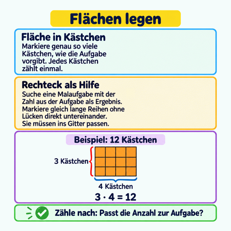 Die Fläche wird als Anzahl markierter Kästchen erklärt. Ein ausdrücklich gekennzeichnetes Beispiel zeigt ein Rechteck aus zwölf gleich großen Kästchen. Seine Seiten sind drei und vier Kästchen lang; drei mal vier ergibt zwölf. Die Anleitung erklärt, passende Reihen im Gitter zu markieren und anschließend zu prüfen, ob die Kästchenanzahl zur Aufgabe passt. Flächen legen Fläche in Kästchen: Markiere genau so viele Kästchen, wie die Aufgabe vorgibt. Jedes Kästchen zählt einmal. Rechteck als Hilfe: Suche eine Malaufgabe mit der Zahl aus der Aufgabe als Ergebnis. Markiere gleich lange Reihen ohne Lücken direkt untereinander. Sie müssen ins Gitter passen. Zähle nach: Passt die Anzahl zur Aufgabe? Beispiel: 12 Kästchen 3 Kästchen 4 Kästchen 3 · 4 = 12 ✓