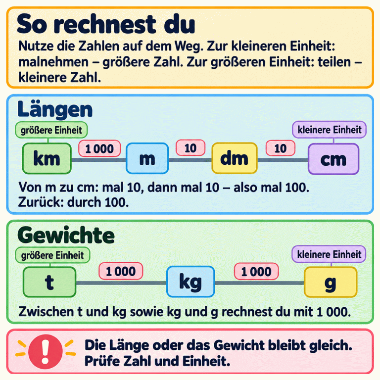 Zwei Einheitenwege führen von größeren zu kleineren Einheiten. Für Längen gilt: Zwischen km und m liegt der Faktor 1 000, zwischen m und dm sowie dm und cm jeweils 10. Von m zu cm ergibt sich damit der Faktor 100. Für Gewichte gilt: Zwischen t und kg sowie kg und g liegt jeweils der Faktor 1 000. Zur kleineren Einheit wird malgenommen, zur größeren geteilt. Die Länge oder das Gewicht bleibt gleich; Zahl und gesuchte Einheit werden geprüft. So rechnest du: Nutze die Zahlen auf dem Weg. Zur kleineren Einheit: malnehmen – größere Zahl. Zur größeren Einheit: teilen – kleinere Zahl. Längen: Von m zu cm: mal 10, dann mal 10 – also mal 100. Zurück: durch 100. Gewichte: Zwischen t und kg sowie kg und g rechnest du mit 1 000. Die Länge oder das Gewicht bleibt gleich. Prüfe Zahl und Einheit. größere Einheit kleinere Einheit km m dm cm t kg g 1 000 10 !