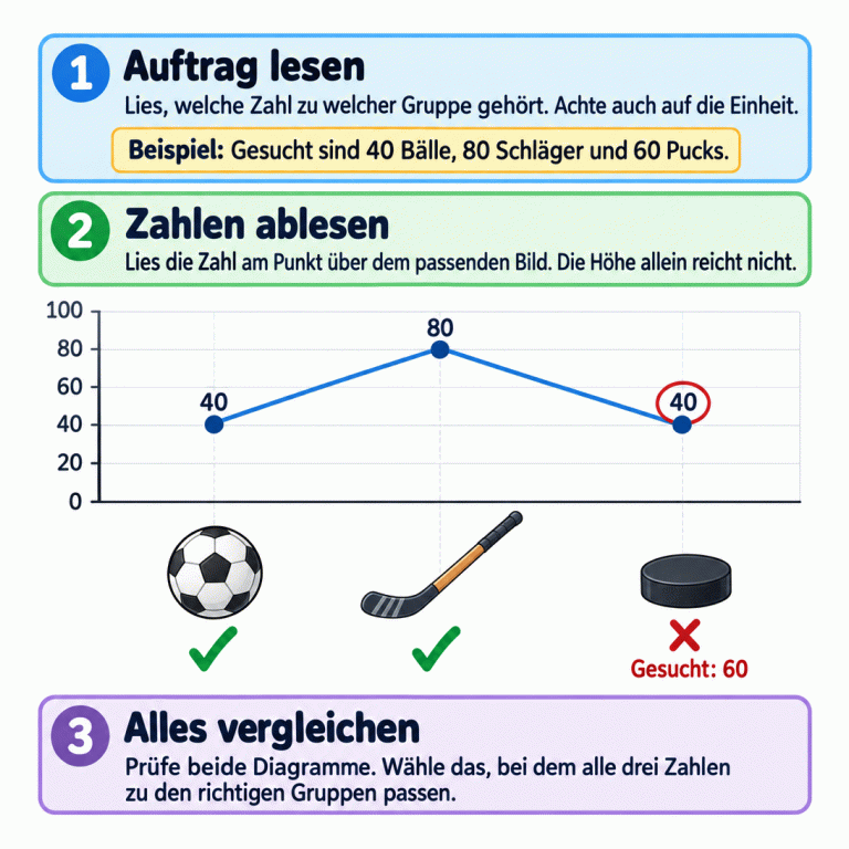 Die Lernkarte erklärt: Lies die Gruppen, Zahlen und Einheit im Auftrag. Lies dann die Zahl am Punkt über dem passenden Bild und prüfe beide Diagramme vollständig. Im Beispiel sind 40 Bälle, 80 Schläger und 60 Pucks gesucht. Das gezeigte Diagramm enthält 40 Bälle, 80 Schläger und 40 Pucks. Bei Ball und Schläger stehen Häkchen; beim Puck stehen ein Kreuz und „Gesucht: 60“. Dieses Beispiel passt nicht, weil nicht alle drei Angaben stimmen. Die Höhe eines Punktes allein reicht zur Auswahl nicht aus. Auftrag lesen: Lies, welche Zahl zu welcher Gruppe gehört. Achte auch auf die Einheit. Zahlen ablesen: Lies die Zahl am Punkt über dem passenden Bild. Die Höhe allein reicht nicht. Alles vergleichen: Prüfe beide Diagramme. Wähle das, bei dem alle drei Zahlen zu den richtigen Gruppen passen. Beispiel: Gesucht sind 40 Bälle, 80 Schläger und 60 Pucks. 20 40 60 80 100 ✓ ✗ Gesucht: 60 1 2 3