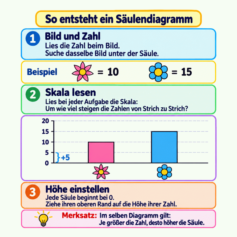Eine Anleitung erklärt das Erstellen eines Säulendiagramms. Im Beispiel gehört 10 zu einer Blüte mit spitzen Blütenblättern und 15 zu einer Blüte mit runden Blütenblättern. Beide Bilder stehen bei ihren Daten und unter ihrer Säule. Die Skala reicht von 0 bis 20 in Schritten von 5. Beide Säulen beginnen bei 0 und enden auf der Höhe ihrer Zahl. Die Hinweise erklären die Bildzuordnung, das Lesen der Skala und das Einstellen der Höhe. Die größere Zahl hat die höhere Säule. So entsteht ein Säulendiagramm Bild und Zahl: Lies die Zahl beim Bild. Suche dasselbe Bild unter der Säule. Skala lesen: Lies bei jeder Aufgabe die Skala: Um wie viel steigen die Zahlen von Strich zu Strich? Höhe einstellen: Jede Säule beginnt bei 0. Ziehe ihren oberen Rand auf die Höhe ihrer Zahl. Im selben Diagramm gilt: Je größer die Zahl, desto höher die Säule. Beispiel 5 10 15 20 = +5 1 2 3 Merksatz: