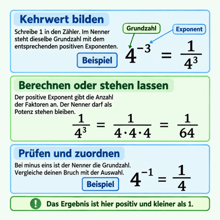 Zwei markierte Beispiele erklären die Kehrwertregel. Vier hoch minus drei wird zu einem Bruch mit eins im Zähler und vier hoch drei im Nenner. Vier mal vier mal vier ergibt vierundsechzig; der gleichwertige Bruch ist eins durch vierundsechzig. Vier hoch minus eins ergibt eins durch vier. Du darfst den Nenner als Potenz stehen lassen und vergleichst anschließend mit der Auswahl. In dieser Aufgabe sind die Ergebnisse positiv und kleiner als eins. Kehrwert bilden: Schreibe 1 in den Zähler. Im Nenner steht dieselbe Grundzahl mit dem entsprechenden positiven Exponenten. Berechnen oder stehen lassen: Der positive Exponent gibt die Anzahl der Faktoren an. Der Nenner darf als Potenz stehen bleiben. Prüfen und zuordnen: Bei minus eins ist der Nenner die Grundzahl. Vergleiche deinen Bruch mit der Auswahl. Das Ergebnis ist hier positiv und kleiner als 1. Beispiel Grundzahl Exponent 4 −3 3 1 64 −1 = · !