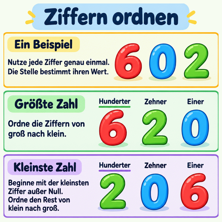 Ein Beispiel mit den Ziffern 6, 0 und 2. Die größte Zahl entsteht durch Ordnen von groß nach klein: 620. Für die kleinste Zahl kommt zuerst die kleinste Ziffer außer Null, danach der Rest von klein nach groß: 206. In beiden Zahlen stehen von links nach rechts Hunderter, Zehner und Einer. Jede Ziffer wird genau einmal verwendet. Ziffern ordnen Ein Beispiel: Nutze jede Ziffer genau einmal. Die Stelle bestimmt ihren Wert. Größte Zahl: Ordne die Ziffern von groß nach klein. Kleinste Zahl: Beginne mit der kleinsten Ziffer außer Null. Ordne den Rest von klein nach groß. 6 2 Hunderter Zehner Einer