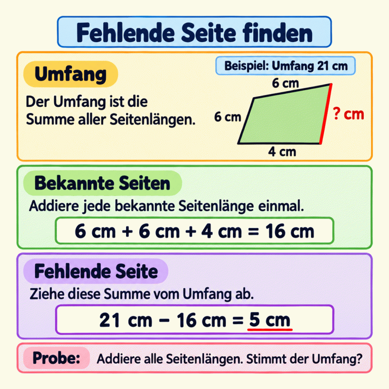 Ein Viereck dient als Beispiel. Sein Umfang beträgt 21 Zentimeter. Drei Seiten sind mit 6, 6 und 4 Zentimetern beschriftet, die vierte Seite ist unbekannt. Die bekannten Längen ergeben zusammen 16 Zentimeter. 21 Zentimeter minus 16 Zentimeter sind 5 Zentimeter: Das ist die fehlende Länge im Beispiel. Zur Probe werden alle Seitenlängen addiert. Fehlende Seite finden Umfang: Der Umfang ist die Summe aller Seitenlängen. Bekannte Seiten: Addiere jede bekannte Seitenlänge einmal. Fehlende Seite: Ziehe diese Summe vom Umfang ab. Probe: Addiere alle Seitenlängen. Stimmt der Umfang? Beispiel: Umfang 21 cm 6 cm 4 cm ? cm 6 cm + 6 cm + 4 cm = 16 cm 21 cm − 16 cm = 5 cm