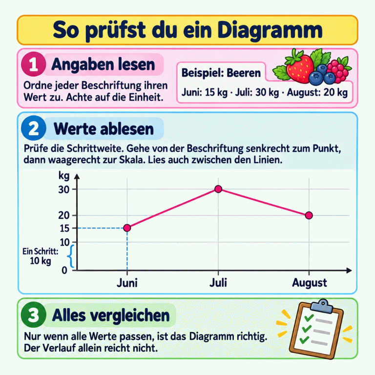Lernkarte zum Prüfen eines Liniendiagramms: Beschriftungen und Einheit zuordnen, die Schrittweite lesen und alle Punktwerte mit den Angaben vergleichen. Das ausdrücklich gekennzeichnete Beerenbeispiel zeigt Juni mit 15 kg, Juli mit 30 kg und August mit 20 kg. Die Werteskala zählt von 0 bis 30 in Zehnerschritten. Der Juni-Punkt liegt genau zwischen 10 und 20. Hilfslinien zeigen den Weg von der Monatsbeschriftung zum Punkt und waagerecht zur Skala. Ein ähnlicher Linienverlauf allein reicht nicht. So prüfst du ein Diagramm Angaben lesen: Ordne jeder Beschriftung ihren Wert zu. Achte auf die Einheit. Werte ablesen: Prüfe die Schrittweite. Gehe von der Beschriftung senkrecht zum Punkt, dann waagerecht zur Skala. Lies auch zwischen den Linien. Alles vergleichen: Nur wenn alle Werte passen, ist das Diagramm richtig. Der Verlauf allein reicht nicht. Beispiel: Beeren Juni: 15 kg · Juli: 30 kg · August: 20 kg Juni Juli August kg 10 20 30 15 Ein Schritt: 10 kg 1 2 3 ✓ ✓ ✓