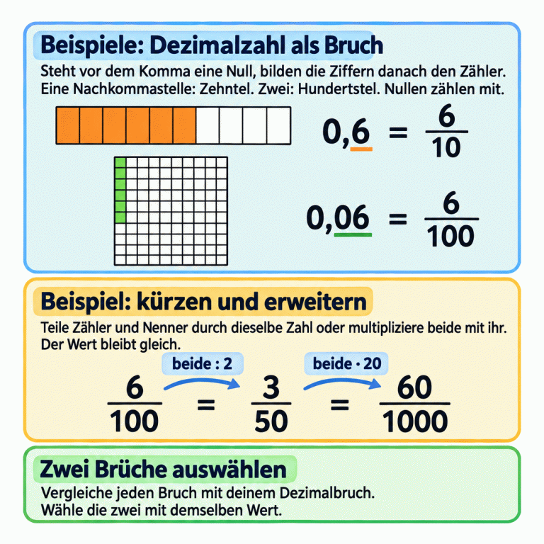 Zwei Lehrbeispiele: Sechs von zehn gleich großen Teilen stehen für 0,6, sechs von hundert für 0,06. Die Null nach dem Komma zählt als Stelle mit. Sechs Hundertstel, drei Fünfzigstel und sechzig Tausendstel sind gleich viel. Dazu werden Zähler und Nenner zuerst durch zwei geteilt und danach mit zwanzig multipliziert. Zum Schluss vergleichst du jeden angebotenen Bruch mit dem Dezimalbruch und wählst die zwei mit demselben Wert. Beispiele: Dezimalzahl als Bruch: Steht vor dem Komma eine Null, bilden die Ziffern danach den Zähler. Eine Nachkommastelle: Zehntel. Zwei: Hundertstel. Nullen zählen mit. Beispiel: kürzen und erweitern: Teile Zähler und Nenner durch dieselbe Zahl oder multipliziere beide mit ihr. Der Wert bleibt gleich. Zwei Brüche auswählen: Vergleiche jeden Bruch mit deinem Dezimalbruch. Wähle die zwei mit demselben Wert. 0,6 0,06 6 10 100 3 50 60 1000 = beide : 2 beide · 20