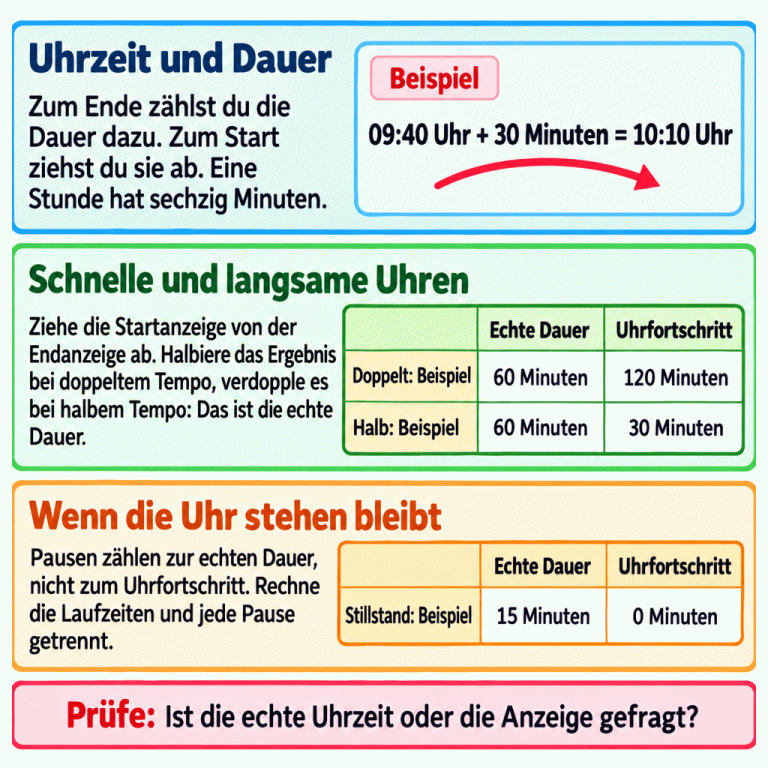 Drei Abschnitte erklären das Rechnen mit Uhrzeiten. Zum Ende wird die Dauer addiert, zum Start abgezogen; eine Stunde hat sechzig Minuten. Das Beispiel zeigt: 09:40 Uhr plus 30 Minuten ergibt 10:10 Uhr. Bei doppeltem Uhrtempo entsprechen 120 Minuten Uhrfortschritt 60 echten Minuten, bei halbem Tempo entsprechen 30 Minuten Uhrfortschritt 60 echten Minuten. Während einer Beispielpause vergehen 15 echte Minuten, aber die Uhr läuft um 0 Minuten weiter. Jede Pause zählt nur zur echten Dauer. Entscheidend ist, ob die echte Uhrzeit oder die Uhranzeige gesucht wird. Uhrzeit und Dauer: Zum Ende zählst du die Dauer dazu. Zum Start ziehst du sie ab. Eine Stunde hat sechzig Minuten. Schnelle und langsame Uhren: Ziehe die Startanzeige von der Endanzeige ab. Halbiere das Ergebnis bei doppeltem Tempo, verdopple es bei halbem Tempo: Das ist die echte Dauer. Wenn die Uhr stehen bleibt: Pausen zählen zur echten Dauer, nicht zum Uhrfortschritt. Rechne die Laufzeiten und jede Pause getrennt. Prüfe: Ist die echte Uhrzeit oder die Anzeige gefragt? Beispiel 09:40 Uhr + 30 Minuten = 10:10 Uhr Echte Dauer Uhrfortschritt Doppelt: Beispiel 60 Minuten 120 Minuten Halb: Beispiel 30 Minuten Stillstand: Beispiel 15 Minuten 0 Minuten