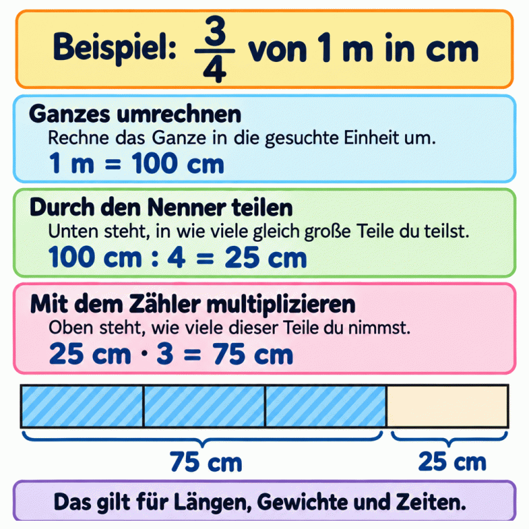 Ein Lehrbeispiel zeigt drei Viertel von einem Meter in Zentimetern. Zuerst wird das Ganze umgerechnet: Ein Meter sind 100 Zentimeter. 100 Zentimeter geteilt durch vier ergibt 25 Zentimeter je Teil. Drei solche Teile ergeben 75 Zentimeter. Ein Streifen zeigt vier gleich große Abschnitte, von denen drei markiert sind. Der gemeinsame Rechenweg lautet: Ganzes in die gesuchte Einheit umrechnen, durch den Nenner teilen und mit dem Zähler multiplizieren. Er gilt für Längen, Gewichte und Zeiten. Ganzes umrechnen: Rechne das Ganze in die gesuchte Einheit um. Durch den Nenner teilen: Unten steht, in wie viele gleich große Teile du teilst. Mit dem Zähler multiplizieren: Oben steht, wie viele dieser Teile du nimmst. Das gilt für Längen, Gewichte und Zeiten. Beispiel: 3 4 von 1 m in cm 1 m = 100 cm 100 cm : 4 = 25 cm 25 cm · 3 = 75 cm 25 cm 75 cm
