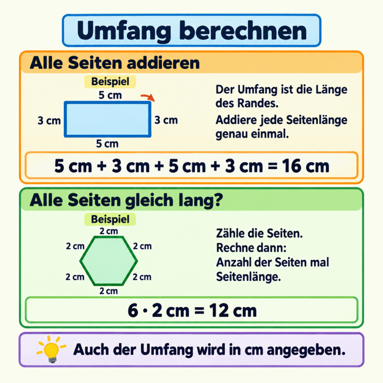 Der Umfang ist die Länge des Randes einer Figur. Jede Seitenlänge wird genau einmal addiert. Das erste Lehrbeispiel hat vier Seiten: 5 cm, 3 cm, 5 cm und 3 cm. Zusammen ergeben sie 16 cm. Das zweite Lehrbeispiel ist ein Sechseck mit sechs gleich langen Seiten von je 2 cm. Hier kann man 6 · 2 cm rechnen; der Umfang beträgt 12 cm. Auch der Umfang wird in cm angegeben. Umfang berechnen Alle Seiten addieren: Der Umfang ist die Länge des Randes. Addiere jede Seitenlänge genau einmal. Alle Seiten gleich lang?: Zähle die Seiten. Rechne dann: Anzahl der Seiten mal Seitenlänge. Auch der Umfang wird in cm angegeben. Beispiel 5 cm 3 cm 5 cm + 3 cm + 5 cm + 3 cm = 16 cm 2 cm 6 · 2 cm = 12 cm