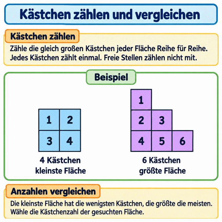 Zähle die gleich großen Kästchen jeder Fläche Reihe für Reihe genau einmal. Freie Stellen zählen nicht mit. Ein gekennzeichnetes Beispiel zeigt eine rechteckige Fläche mit vier und eine Treppenfläche mit sechs nummerierten Kästchen. Im Beispiel ist die Fläche mit vier Kästchen die kleinste und die mit sechs die größte. Wähle je nach Frage die passende Kästchenzahl. Kästchen zählen und vergleichen Kästchen zählen: Zähle die gleich großen Kästchen jeder Fläche Reihe für Reihe. Jedes Kästchen zählt einmal. Freie Stellen zählen nicht mit. Anzahlen vergleichen: Die kleinste Fläche hat die wenigsten Kästchen, die größte die meisten. Wähle die Kästchenzahl der gesuchten Fläche. Beispiel 1 2 3 4 5 6 4 Kästchen kleinste Fläche 6 Kästchen größte Fläche