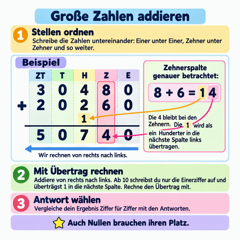Ein ausdrücklich gekennzeichnetes Beispiel zeigt die schriftliche Addition 30 480 plus 20 260 gleich 50 740. Die Spalten heißen von links nach rechts Zehntausender, Tausender, Hunderter, Zehner und Einer. Gleiche Stellenwerte stehen untereinander. Gerechnet wird von rechts nach links. Bei den Zehnern ergibt 8 plus 6 die 14: 4 wird bei den Zehnern eingetragen, 1 als Übertrag bei den Hundertern. Dort ergibt 4 plus 2 plus der Übertrag 1 die 7. Die Nullen an der Tausender- und Einerstelle bleiben im Ergebnis stehen. Zum Schluss wird das eigene Ergebnis Ziffer für Ziffer mit den Antwortmöglichkeiten verglichen. Große Zahlen addieren Stellen ordnen: Schreibe die Zahlen untereinander: Einer unter Einer, Zehner unter Zehner und so weiter. Mit Übertrag rechnen: Addiere von rechts nach links. Ab 10 schreibst du nur die Einerziffer auf und überträgst 1 in die nächste Spalte. Rechne den Übertrag mit. Antwort wählen: Vergleiche dein Ergebnis Ziffer für Ziffer mit den Antworten. Auch Nullen brauchen ihren Platz. Beispiel ZT T H Z E 30 480 20 260 + 1 50 740 8 + 6 = 14 1 Wir rechnen von rechts nach links. Zehnerspalte genauer betrachtet: Die 4 bleibt bei den Zehnern. Die 1 wird als ein Hunderter in die nächste Spalte links übertragen. 2 3