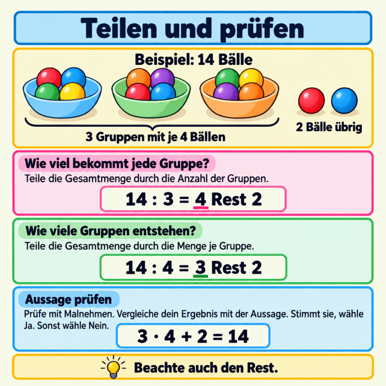 Lehrbeispiel mit 14 Bällen: drei Gruppen mit je vier Bällen und zwei Bälle als Rest. Beim Verteilen auf drei Gruppen ergibt sich vier Rest zwei. Beim Bilden von Vierergruppen entstehen drei Gruppen, ebenfalls mit Rest zwei. Die Probe lautet: drei mal vier plus zwei ergibt vierzehn. Das Ergebnis einschließlich eines möglichen Restes wird mit der Aussage verglichen: Ja, wenn sie stimmt, sonst Nein. Teilen und prüfen Wie viel bekommt jede Gruppe?: Teile die Gesamtmenge durch die Anzahl der Gruppen. Wie viele Gruppen entstehen?: Teile die Gesamtmenge durch die Menge je Gruppe. Aussage prüfen: Prüfe mit Malnehmen. Vergleiche dein Ergebnis mit der Aussage. Stimmt sie, wähle Ja. Sonst wähle Nein. Beachte auch den Rest. Beispiel: 14 Bälle 3 Gruppen mit je 4 Bällen 2 Bälle übrig 14 : 3 = 4 Rest 2 14 : 4 = 3 Rest 2 3 · 4 + 2 = 14