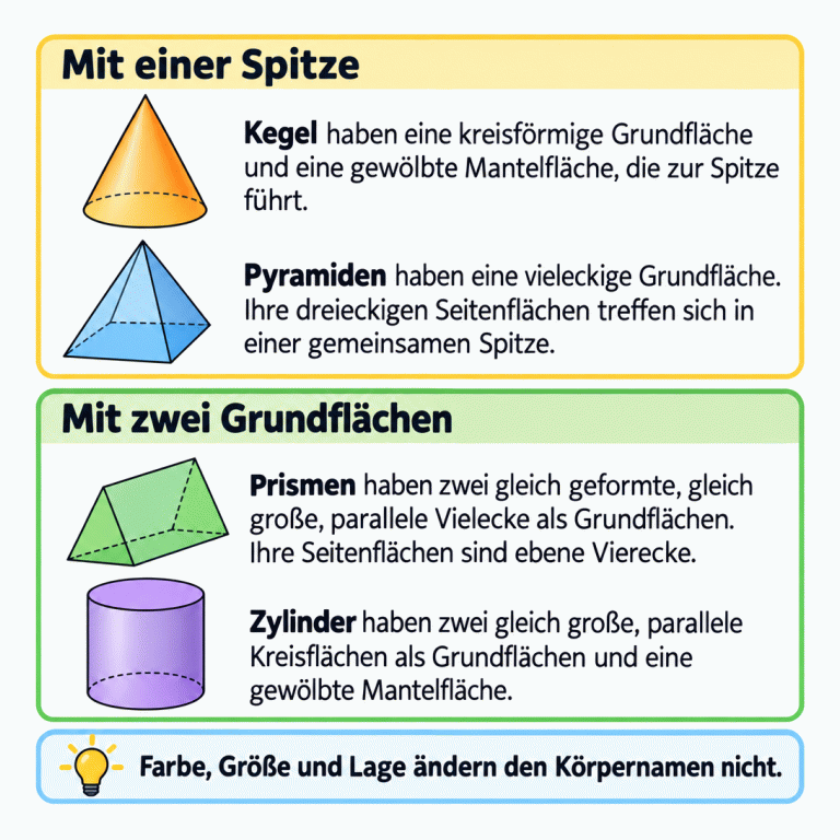 Vier Körperbeispiele werden anhand ihrer Flächen verglichen. Der Kegel hat eine Kreisgrundfläche und einen gewölbten Mantel bis zur Spitze. Die Pyramide hat eine Vieleckgrundfläche und dreieckige Seitenflächen mit gemeinsamer Spitze. Das Prisma hat zwei gleiche parallele Vieleckgrundflächen und ebene viereckige Seitenflächen. Der Zylinder hat zwei gleich große parallele Kreisgrundflächen und einen gewölbten Mantel. Farbe, Größe und Lage ändern den Körpernamen nicht. Mit einer Spitze: Kegel haben eine kreisförmige Grundfläche und eine gewölbte Mantelfläche, die zur Spitze führt.
Pyramiden haben eine vieleckige Grundfläche. Ihre dreieckigen Seitenflächen treffen sich in einer gemeinsamen Spitze. Mit zwei Grundflächen: Prismen haben zwei gleich geformte, gleich große, parallele Vielecke als Grundflächen. Ihre Seitenflächen sind ebene Vierecke.
Zylinder haben zwei gleich große, parallele Kreisflächen als Grundflächen und eine gewölbte Mantelfläche. Farbe, Größe und Lage ändern den Körpernamen nicht.