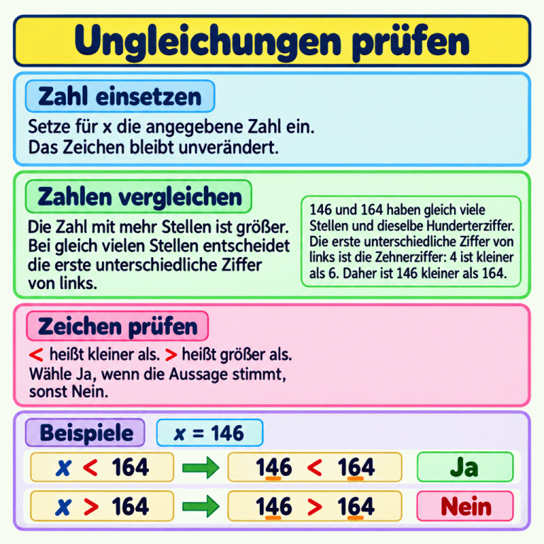Lernkarte zum Prüfen von Ungleichungen: Setze den vorgegebenen Wert für x ein, vergleiche die Zahlen und prüfe das Zeichen. Mehr Stellen bedeuten eine größere Zahl; bei gleicher Stellenzahl entscheidet die erste unterschiedliche Ziffer von links. < heißt kleiner als, > heißt größer als. Zwei gekennzeichnete Beispiele verwenden x = 146: Aus x < 164 wird 146 < 164, also Ja. Aus x > 164 wird 146 > 164, also Nein. Die Zehnerziffern 4 und 6 sind als entscheidender Unterschied unterstrichen. Ungleichungen prüfen Zahl einsetzen: Setze für x die angegebene Zahl ein. Das Zeichen bleibt unverändert. Zahlen vergleichen: Die Zahl mit mehr Stellen ist größer. Bei gleich vielen Stellen entscheidet die erste unterschiedliche Ziffer von links. Zeichen prüfen: < heißt kleiner als. > heißt größer als. Wähle Ja, wenn die Aussage stimmt, sonst Nein. Beispiele x = 146 x < 164 146 < 164 Ja x > 164 146 > 164 Nein 146 und 164 haben gleich viele Stellen und dieselbe Hunderterziffer. Die erste unterschiedliche Ziffer von links ist die Zehnerziffer: 4 ist kleiner als 6. Daher ist 146 kleiner als 164.