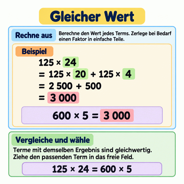 Gleicher Wert. Berechne die Terme und vergleiche ihre Ergebnisse. Im Beispiel wird 125 mal 24 als 125 mal 20 plus 125 mal 4 berechnet: 2 500 plus 500 ergibt 3 000. Auch 600 mal 5 ergibt 3 000. Die beiden Terme sind gleichwertig. Ziehe in der Aufgabe einen Term mit demselben Ergebnis in das freie Feld. Gleicher Wert Rechne aus: Berechne den Wert jedes Terms. Zerlege bei Bedarf einen Faktor in einfache Teile. Vergleiche und wähle: Terme mit demselben Ergebnis sind gleichwertig. Ziehe den passenden Term in das freie Feld. Beispiel 125 × 24 = 125 × 20 + 125 × 4 = 2 500 + 500 = 3 000 600 × 5 = 3 000 125 × 24 = 600 × 5