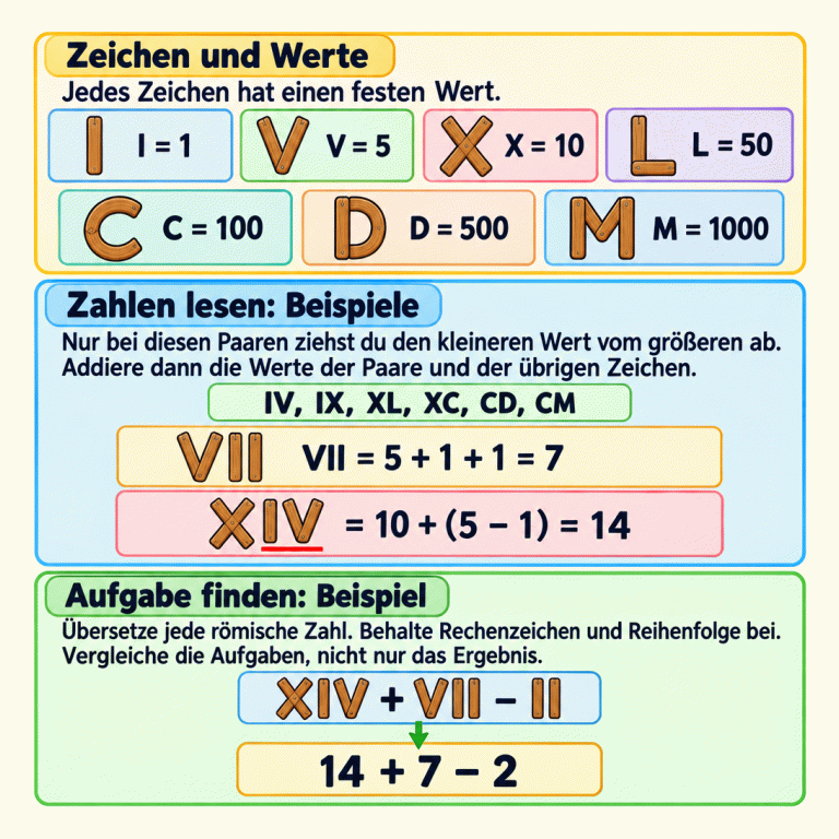 Drei Lernbereiche erklären römische Aufgaben. Die Zeichenwerte sind I = 1, V = 5, X = 10, L = 50, C = 100, D = 500 und M = 1000. Bei IV, IX, XL, XC, CD und CM wird der kleinere Wert vom größeren abgezogen. Die Paarwerte und die übrigen Zeichenwerte werden addiert. Beispiele: VII = 5 + 1 + 1 = 7 und XIV = 10 + (5 − 1) = 14. Die Aufgabe XIV + VII − II wird zu 14 + 7 − 2 übersetzt. Für die passende Auswahl müssen Zahlen, Rechenzeichen und Reihenfolge übereinstimmen; ein gleiches Ergebnis allein reicht nicht. Zeichen und Werte: Jedes Zeichen hat einen festen Wert. Zahlen lesen: Beispiele: Nur bei diesen Paaren ziehst du den kleineren Wert vom größeren ab. Addiere dann die Werte der Paare und der übrigen Zeichen. Aufgabe finden: Beispiel: Übersetze jede römische Zahl. Behalte Rechenzeichen und Reihenfolge bei. Vergleiche die Aufgaben, nicht nur das Ergebnis. I = 1 V = 5 X = 10 L = 50 C = 100 D = 500 M = 1000 IV, IX, XL, XC, CD, CM VII = 5 + 1 + 1 = 7 XIV = 10 + (5 − 1) = 14 XIV + VII − II 14 + 7 − 2 I V X L C D M VII