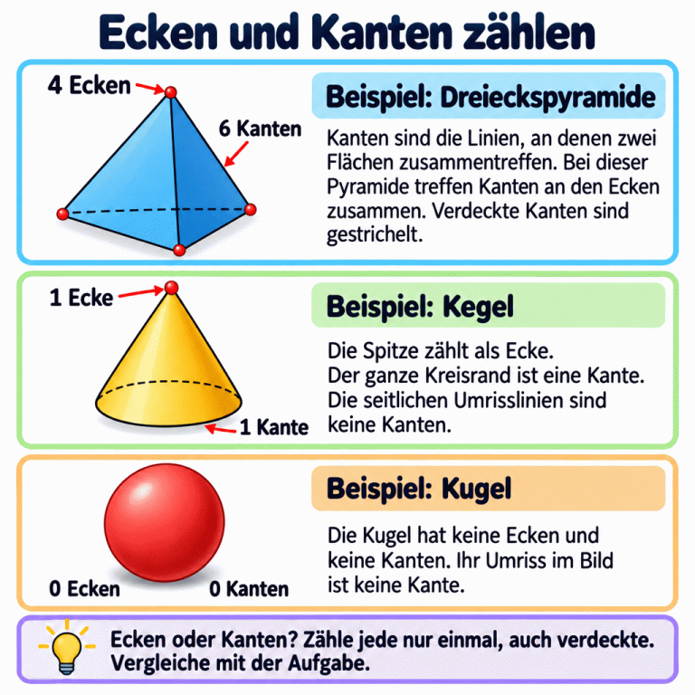 Lernkarte zum Zählen von Ecken und Kanten mit drei gekennzeichneten Beispielen. Eine Dreieckspyramide hat vier Ecken und sechs Kanten; verdeckte Kanten sind gestrichelt. Beim Kegel zählt die Spitze als eine Ecke und der ganze Kreisrand als eine Kante. Seine seitlichen Umrisslinien sind keine Kanten. Eine Kugel hat null Ecken und null Kanten; ihr Bildumriss ist keine Körperkante. Je nach Aufgabe werden Ecken oder Kanten genau einmal gezählt, auch verdeckte, und anschließend mit der gesuchten Anzahl verglichen. Ecken und Kanten zählen Beispiel: Dreieckspyramide: Kanten sind die Linien, an denen zwei Flächen zusammentreffen. Bei dieser Pyramide treffen Kanten an den Ecken zusammen. Verdeckte Kanten sind gestrichelt. Beispiel: Kegel: Die Spitze zählt als Ecke. Der ganze Kreisrand ist eine Kante. Die seitlichen Umrisslinien sind keine Kanten. Beispiel: Kugel: Die Kugel hat keine Ecken und keine Kanten. Ihr Umriss im Bild ist keine Kante. Ecken oder Kanten? Zähle jede nur einmal, auch verdeckte. Vergleiche mit der Aufgabe. 4 Ecken 6 Kanten 1 Ecke 1 Kante 0 Ecken 0 Kanten
