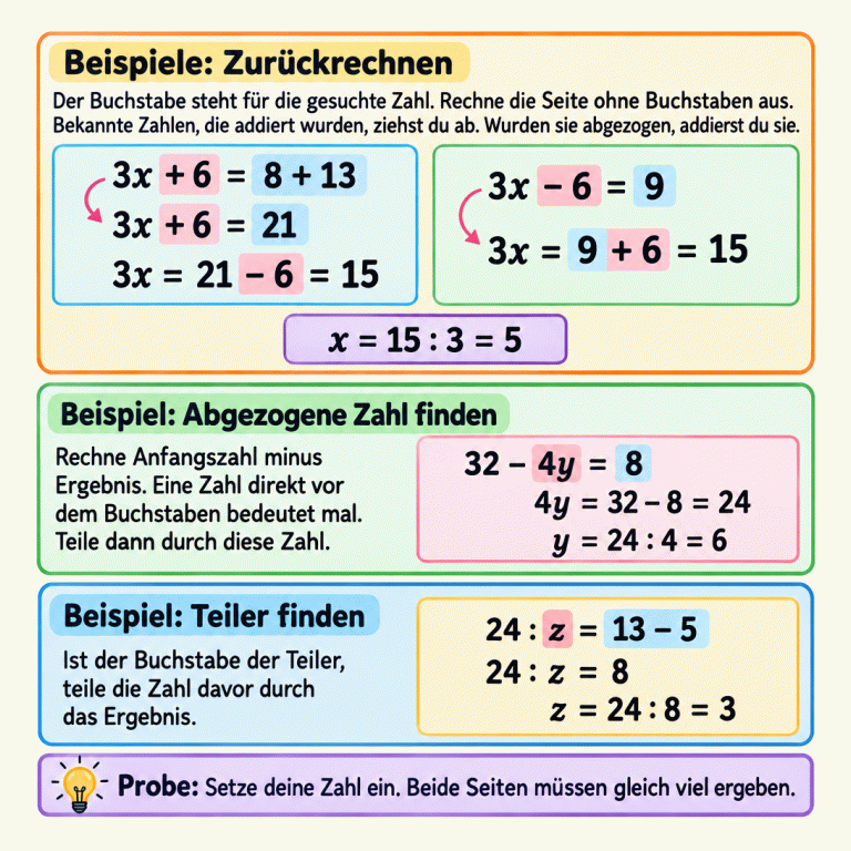Vier Rechenbeispiele mit gesuchten Zahlen: 3x + 6 = 8 + 13 und 3x − 6 = 9 führen beide zu 3x = 15 und x = 5. Bei 32 − 4y = 8 ergibt Anfangszahl minus Ergebnis den abgezogenen Ausdruck 4y = 24; daraus folgt y = 6. Bei 24 : z = 13 − 5 ist das Ergebnis rechts 8. Der Teiler ist z = 24 : 8 = 3. Zur Probe setzt du die gefundene Zahl ein. Beide Seiten müssen gleich viel ergeben. Beispiele: Zurückrechnen: Der Buchstabe steht für die gesuchte Zahl. Rechne die Seite ohne Buchstaben aus. Bekannte Zahlen, die addiert wurden, ziehst du ab. Wurden sie abgezogen, addierst du sie. Beispiel: Abgezogene Zahl finden: Rechne Anfangszahl minus Ergebnis. Eine Zahl direkt vor dem Buchstaben bedeutet mal. Teile dann durch diese Zahl. Beispiel: Teiler finden: Ist der Buchstabe der Teiler, teile die Zahl davor durch das Ergebnis. Probe: Setze deine Zahl ein. Beide Seiten müssen gleich viel ergeben. 3x + 6 = 8 + 13 3x + 6 = 21 3x = 21 − 6 = 15 3x − 6 = 9 3x = 9 + 6 = 15 x = 15 : 3 = 5 32 − 4y = 8 4y = 32 − 8 = 24 y = 24 : 4 = 6 24 : z = 13 − 5 24 : z = 8 z = 24 : 8 = 3
