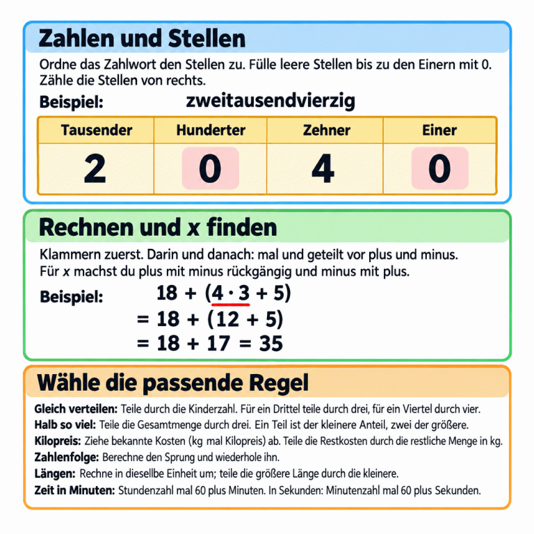 Drei übereinander angeordnete Bereiche mit zwei unabhängigen Beispielen. Oben steht zweitausendvierzig über einer Stellentafel: 2 Tausender, 0 Hunderter, 4 Zehner und 0 Einer. Darunter wird 18 + (4 · 3 + 5) zuerst zu 18 + (12 + 5), dann zu 18 + 17 = 35. Weitere Regeln erklären Umkehraufgaben, gleichmäßiges Verteilen, Drittel und Viertel, drei gleiche Teile bei „halb so viel“, Kilopreise aus Restkosten geteilt durch die restliche Menge, gleichbleibende Zahlenschritte und Längenvergleiche in derselben Einheit. Für Minuten wird die Stundenzahl mit 60 multipliziert und die vorhandene Minutenzahl addiert; für Sekunden wird die Minutenzahl mit 60 multipliziert und die vorhandene Sekundenzahl addiert. Zahlen und Stellen: Ordne das Zahlwort den Stellen zu. Fülle leere Stellen bis zu den Einern mit 0. Zähle die Stellen von rechts. Rechnen und x finden: Klammern zuerst. Darin und danach: mal und geteilt vor plus und minus. Für x machst du plus mit minus rückgängig und minus mit plus. Wähle die passende Regel: Gleich verteilen: Teile durch die Kinderzahl. Für ein Drittel teile durch drei, für ein Viertel durch vier.
Halb so viel: Teile die Gesamtmenge durch drei. Ein Teil ist der kleinere Anteil, zwei der größere.
Kilopreis: Ziehe bekannte Kosten (kg mal Kilopreis) ab. Teile die Restkosten durch die restliche Menge in kg.
Zahlenfolge: Berechne den Sprung und wiederhole ihn.
Längen: Rechne in dieselbe Einheit um; teile die größere Länge durch die kleinere.
Zeit in Minuten: Stundenzahl mal 60 plus Minuten. In Sekunden: Minutenzahl mal 60 plus Sekunden. Beispiel: zweitausendvierzig Tausender Hunderter Zehner Einer 2 4 18 + (4 · 3 + 5) = 18 + (12 + 5) = 18 + 17 = 35
