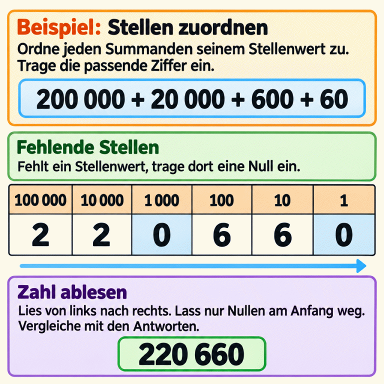 Lehrbeispiel: 200 000 + 20 000 + 600 + 60. Die Stellenwerttafel reicht vom Hunderttausender bis zum Einer. Darunter stehen von links nach rechts die Ziffern 2, 2, 0, 6, 6, 0. Tausender und Einer fehlen in der Summe und werden deshalb mit Nullen besetzt. Die Zahl des Beispiels lautet 220 660. Beim Lesen werden nur Nullen am Anfang weggelassen; anschließend wird die Zahl mit den Antworten verglichen. Beispiel: Stellen zuordnen: Ordne jeden Summanden seinem Stellenwert zu. Trage die passende Ziffer ein. Fehlende Stellen: Fehlt ein Stellenwert, trage dort eine Null ein. Zahl ablesen: Lies von links nach rechts. Lass nur Nullen am Anfang weg. Vergleiche mit den Antworten. 200 000 + 20 000 + 600 + 60 100 000 10 000 1 000 100 10 1 2 6 220 660