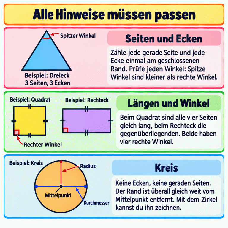 Lernkarte zum gemeinsamen Prüfen aller Figurenhinweise. Ein Dreieck als Beispiel hat drei gerade Seiten, drei Ecken und spitze Winkel. Ein spitzer Winkel ist kleiner als ein rechter. Quadrat und Rechteck haben jeweils vier rechte Winkel. Beim Quadrat sind alle vier Seiten gleich lang, beim Rechteck die gegenüberliegenden. Ein Kreis hat keine Ecken und keine geraden Seiten. Sein Rand ist überall gleich weit vom Mittelpunkt entfernt. Der Radius führt vom Mittelpunkt zum Rand. Der Durchmesser verbindet zwei Randpunkte durch den Mittelpunkt. Mit einem Zirkel lässt sich ein Kreis zeichnen. Alle Hinweise müssen zur ausgewählten Figur passen. Alle Hinweise müssen passen Seiten und Ecken: Zähle jede gerade Seite und jede Ecke einmal am geschlossenen Rand. Prüfe jeden Winkel: Spitze Winkel sind kleiner als rechte Winkel. Längen und Winkel: Beim Quadrat sind alle vier Seiten gleich lang, beim Rechteck die gegenüberliegenden. Beide haben vier rechte Winkel. Kreis: Keine Ecken, keine geraden Seiten. Der Rand ist überall gleich weit vom Mittelpunkt entfernt. Mit dem Zirkel kannst du ihn zeichnen. Beispiel: Dreieck 3 Seiten, 3 Ecken Spitzer Winkel Beispiel: Quadrat Beispiel: Rechteck Rechter Winkel Beispiel: Kreis Mittelpunkt Radius Durchmesser