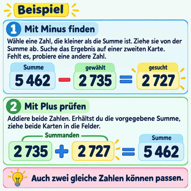 Ein Beispiel zeigt die Ergänzung zur Summe: 5 462 minus 2 735 ergibt 2 727. Dieser Partner wird auf einer zweiten Zahlkarte gesucht. Die Probe lautet: 2 735 plus 2 727 ergibt 5 462. Fehlt der Partner im Angebot, probiere eine andere Zahl. Stimmt die Probe mit der vorgegebenen Summe überein, ziehe beide Karten in die Felder. Auch gleiche Zahlen können passen, wenn zwei passende Karten vorhanden sind. Mit Minus finden: Wähle eine Zahl, die kleiner als die Summe ist. Ziehe sie von der Summe ab. Suche das Ergebnis auf einer zweiten Karte. Fehlt es, probiere eine andere Zahl. Mit Plus prüfen: Addiere beide Zahlen. Erhältst du die vorgegebene Summe, ziehe beide Karten in die Felder. Auch zwei gleiche Zahlen können passen. Beispiel 5 462 2 735 2 727 − + = Summe gewählt gesucht Summanden 1 2