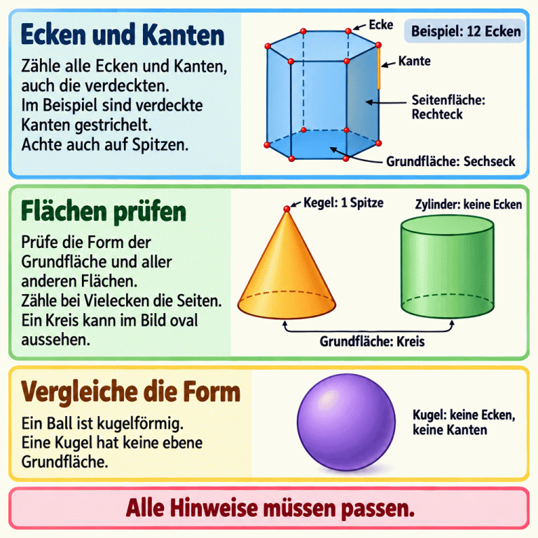 Drei Lernbereiche erklären das Prüfen von Körpereigenschaften. Ein Sechseckprisma zeigt zwölf Ecken, auch verdeckte, sowie eine Kante, eine sechseckige Grundfläche und eine rechteckige Seitenfläche. Verdeckte Kanten sind gestrichelt. Kegel und Zylinder haben Kreisgrundflächen; der Kegel hat eine Spitze, der Zylinder keine Ecken. Eine Kugel hat die Form eines Balls, keine Ecken, keine Kanten und keine ebene Grundfläche. Alle Hinweise müssen gemeinsam passen. Ecken und Kanten: Zähle alle Ecken und Kanten, auch die verdeckten. Im Beispiel sind verdeckte Kanten gestrichelt. Achte auch auf Spitzen. Flächen prüfen: Prüfe die Form der Grundfläche und aller anderen Flächen. Zähle bei Vielecken die Seiten. Ein Kreis kann im Bild oval aussehen. Vergleiche die Form: Ein Ball ist kugelförmig. Eine Kugel hat keine ebene Grundfläche. Alle Hinweise müssen passen. Beispiel: 12 Ecken Ecke Kante Grundfläche: Sechseck Seitenfläche: Rechteck Kegel: 1 Spitze Zylinder: keine Ecken Grundfläche: Kreis Kugel: keine Ecken, keine Kanten